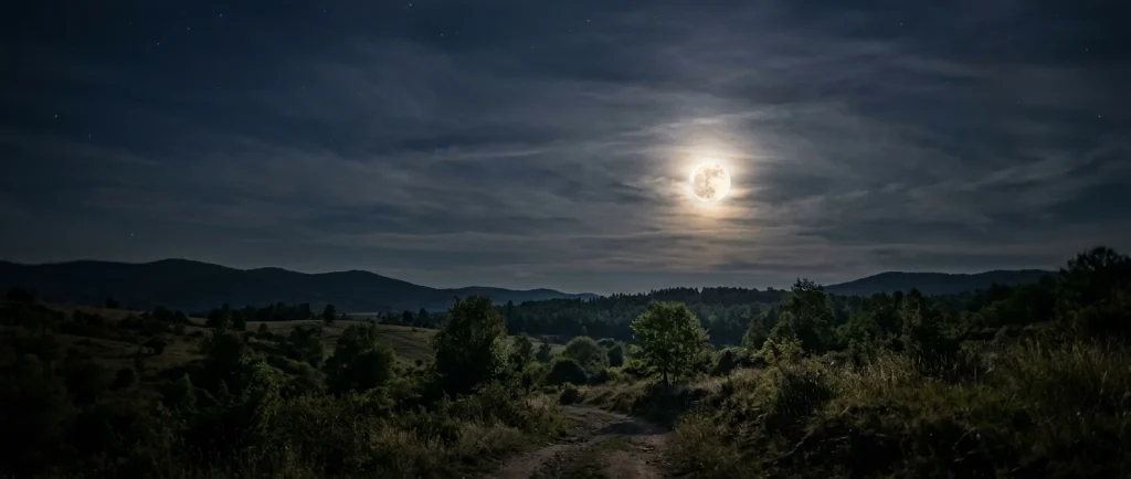 Glowing moon halo above a quiet backyard garden with trees and a dark evening sky.