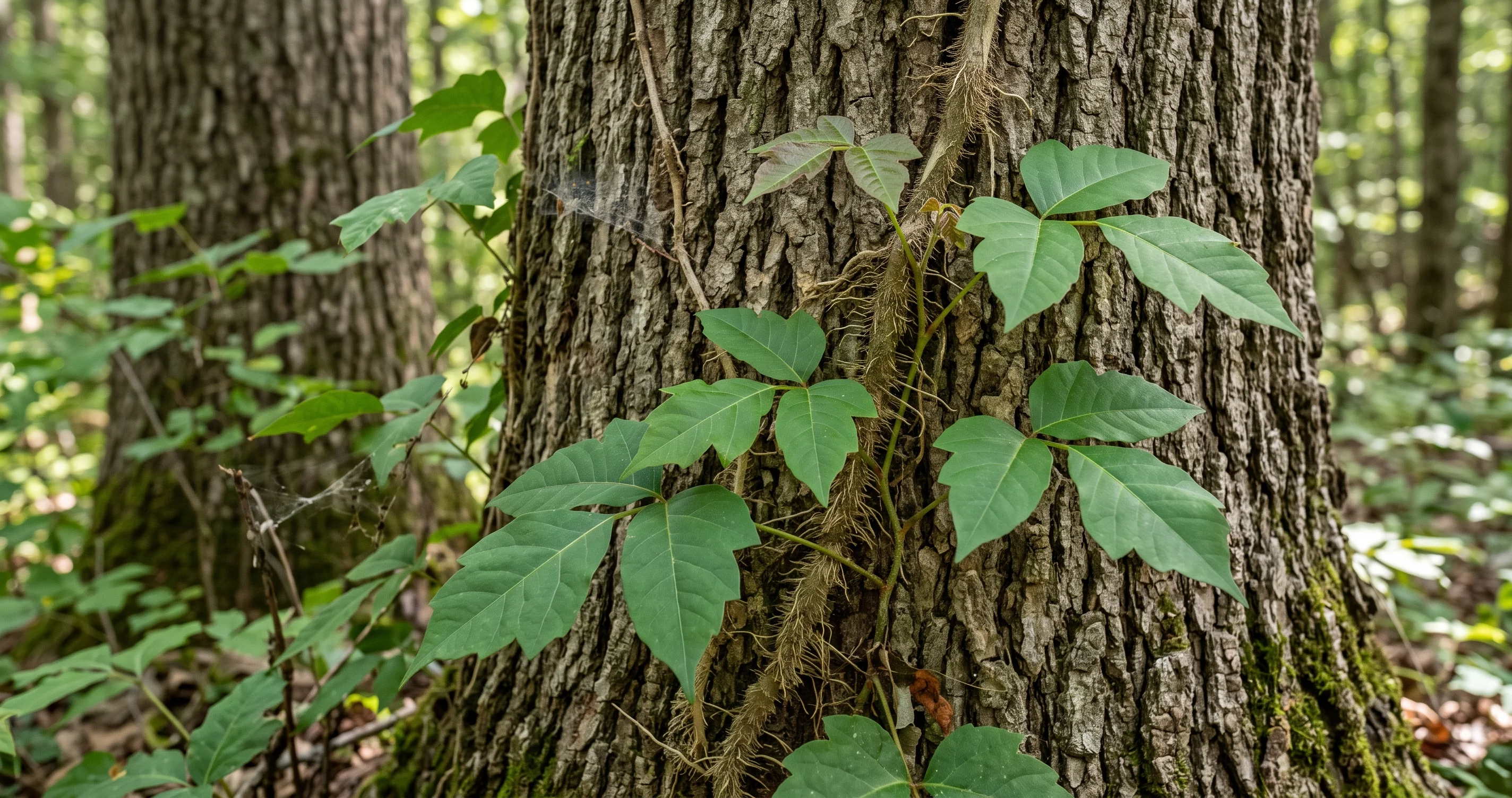 Poison ivy vs Virginia creeper identification showing three poison ivy leaflets compared with five Virginia creeper leaflets.