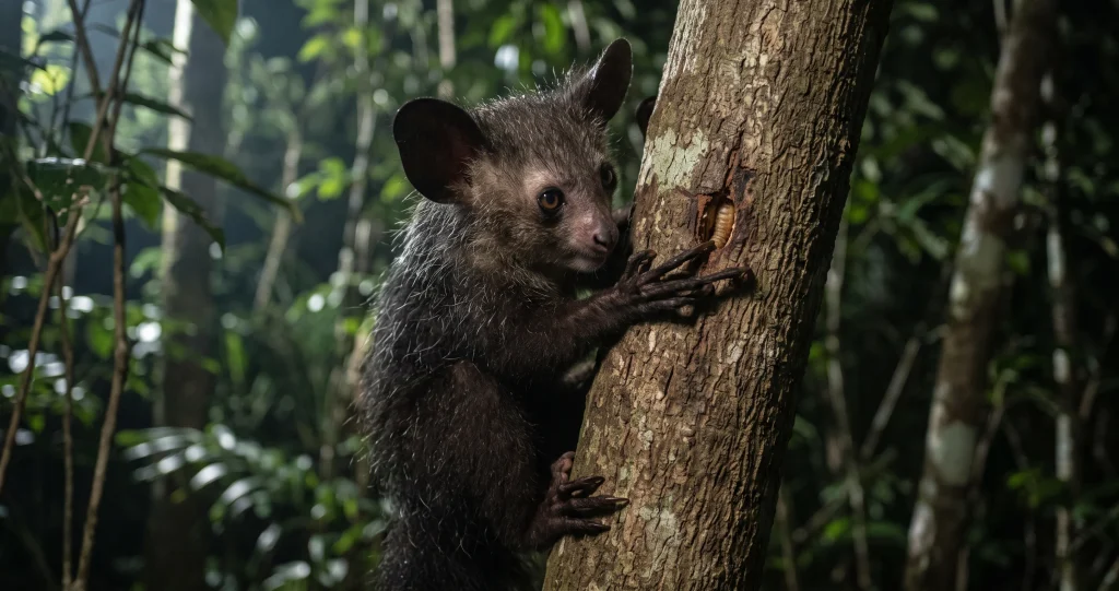 Aye-aye middle finger probing wood for hidden insect prey.