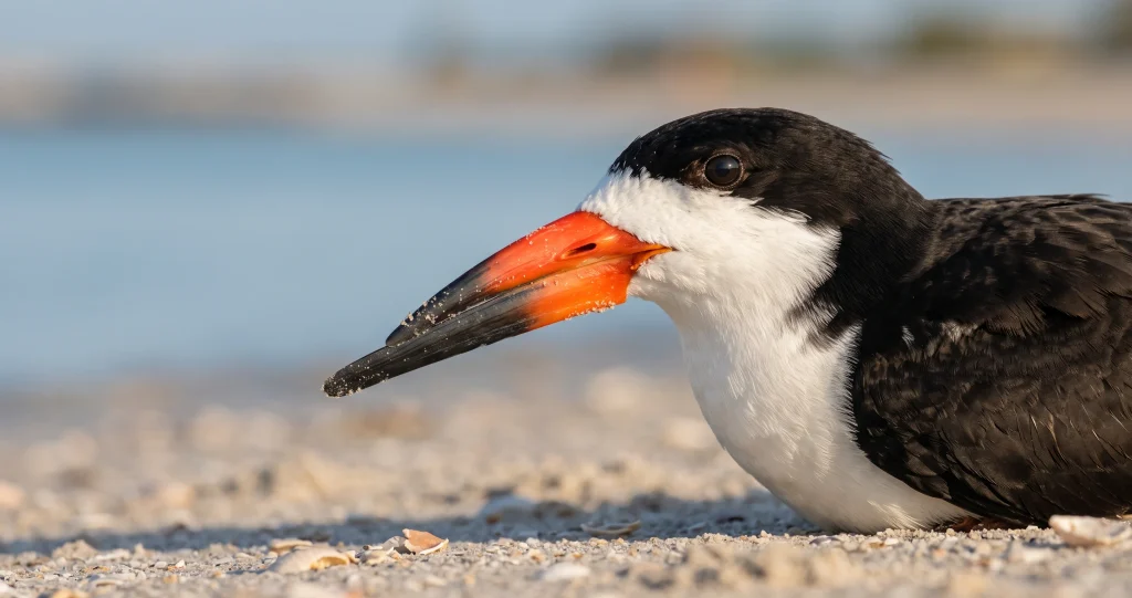 Close-up of a black skimmer showing its orange-red bill and longer lower mandible.