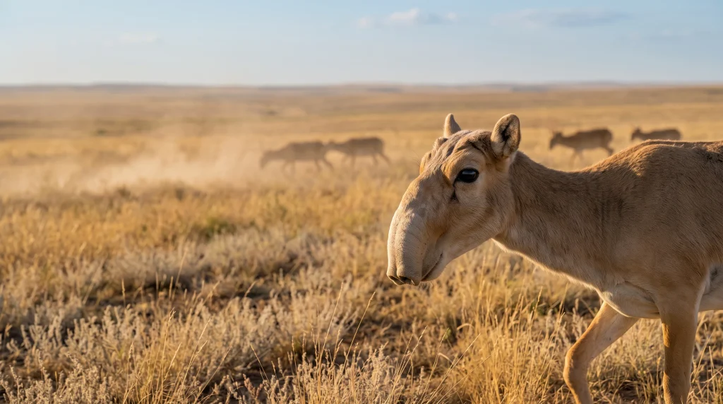Saiga antelope nose on an adult saiga in the Central Asian steppe.