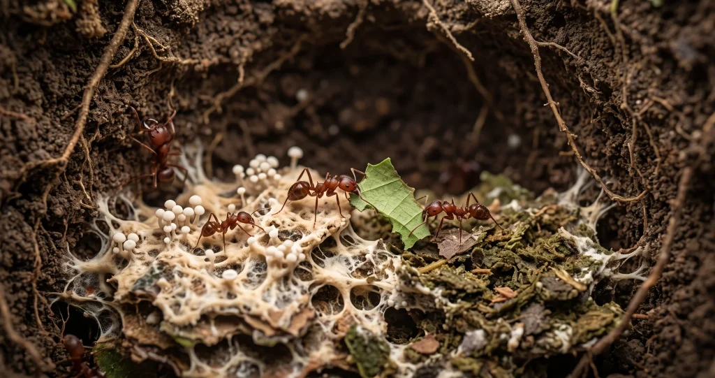 Leafcutter ants carrying fresh green leaves into an underground fungus garden where workers cultivate their fungal food crop.