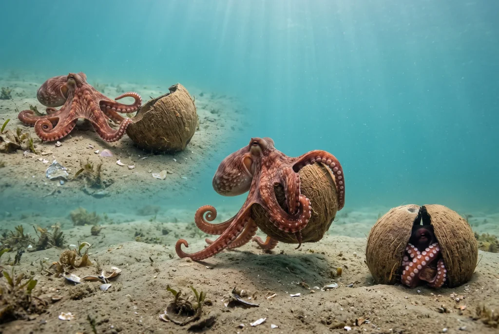 octopus using coconut shell halves to create a protective shelter on the seabed.