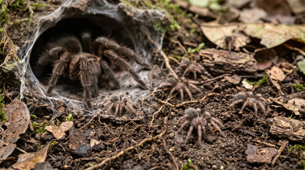 Young tarantula spiderlings emerging from a sheltered burrow and beginning their independent lives.