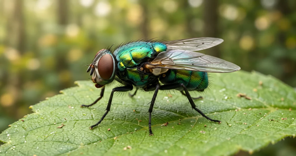 Metallic green blowfly resting on a leaf, showing its compound eyes, transparent wings, and iridescent body.