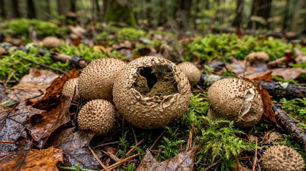Mature puffball mushrooms with visible openings for spore release.