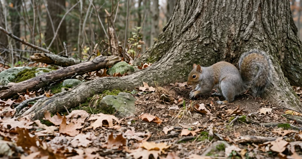 Eastern gray squirrel burying an acorn in forest soil as part of its winter food storage behavior.