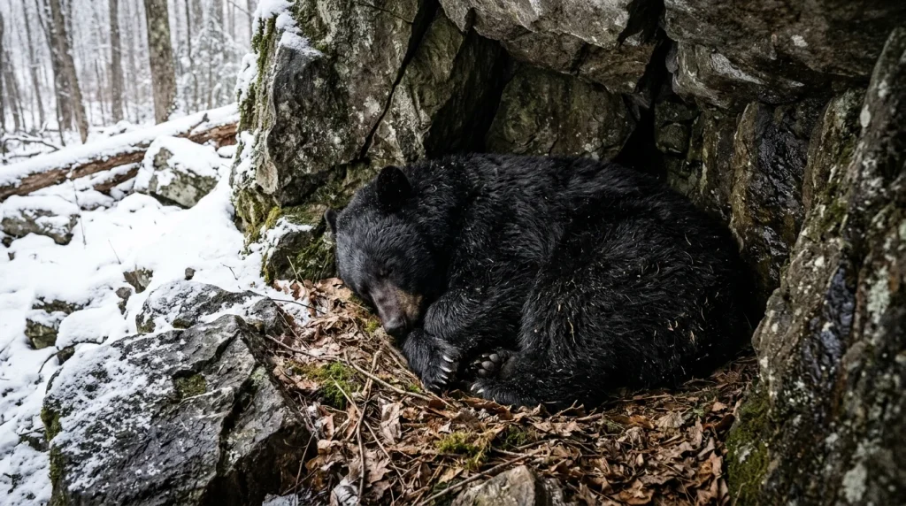 American black bear resting inside a sheltered hollow tree during winter.