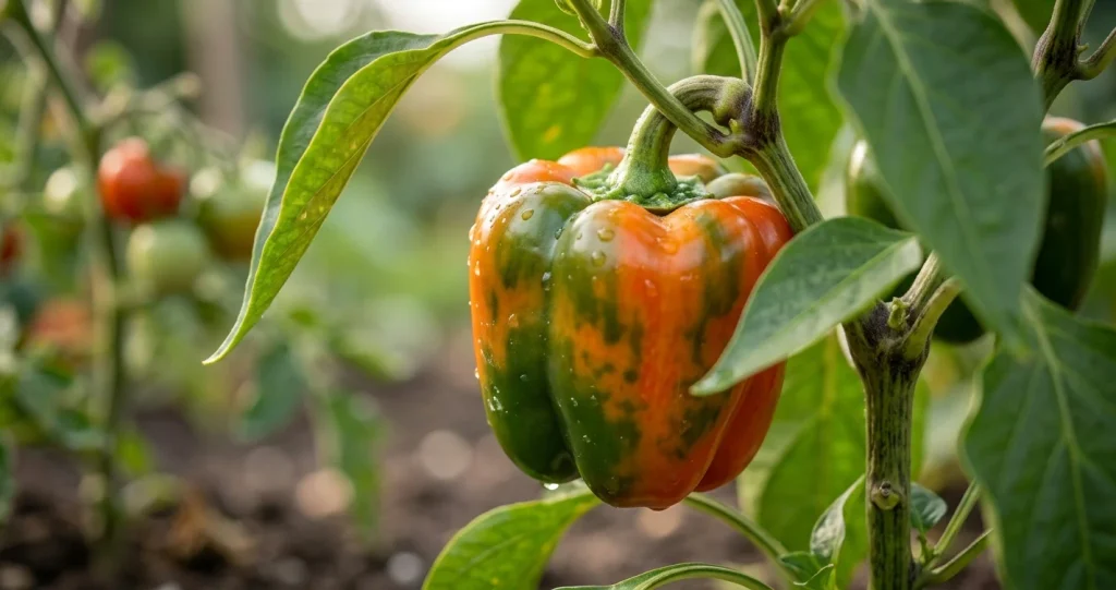 Close-up of a bell pepper changing from green to orange and red during natural ripening on the plant.