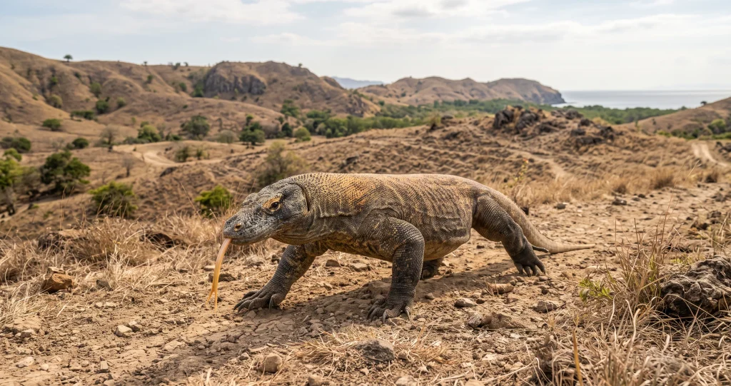 Komodo dragon tongue smell behavior showing a dragon extending its forked tongue to collect chemical information from its surroundings.