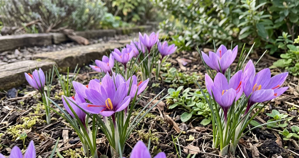Growing saffron crocus at home with purple flowers and red stigmas ready for harvest.