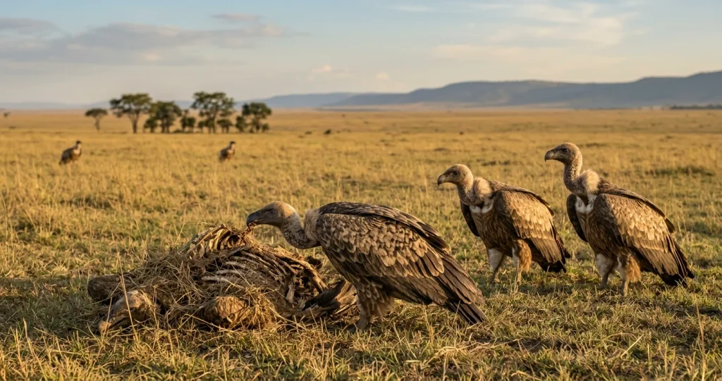 A vulture feeding on a carcass in an open savanna, illustrating the scavenging diet supported by its specialized digestive system.