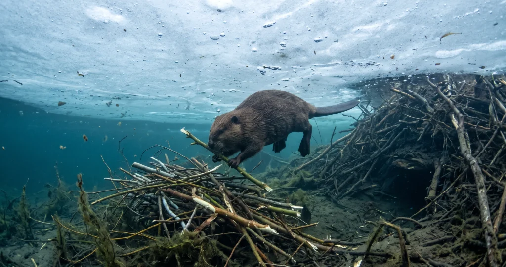 How beavers survive winter by storing branches underwater beneath frozen ponds