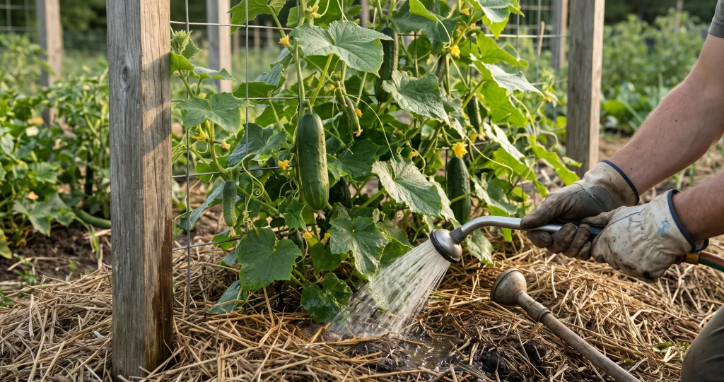 Crooked cucumbers growing on a trellis, illustrating how incomplete pollination and environmental conditions affect fruit shape.