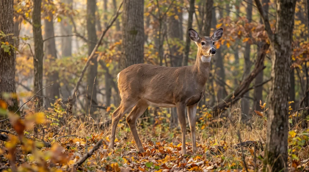 Alert white-tailed deer standing in an autumn forest with raised head and attentive ears.
