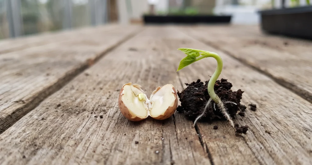 Germinating bean seedling with fresh green leaves and exposed white roots beside a split bean seed on a rustic wooden table.