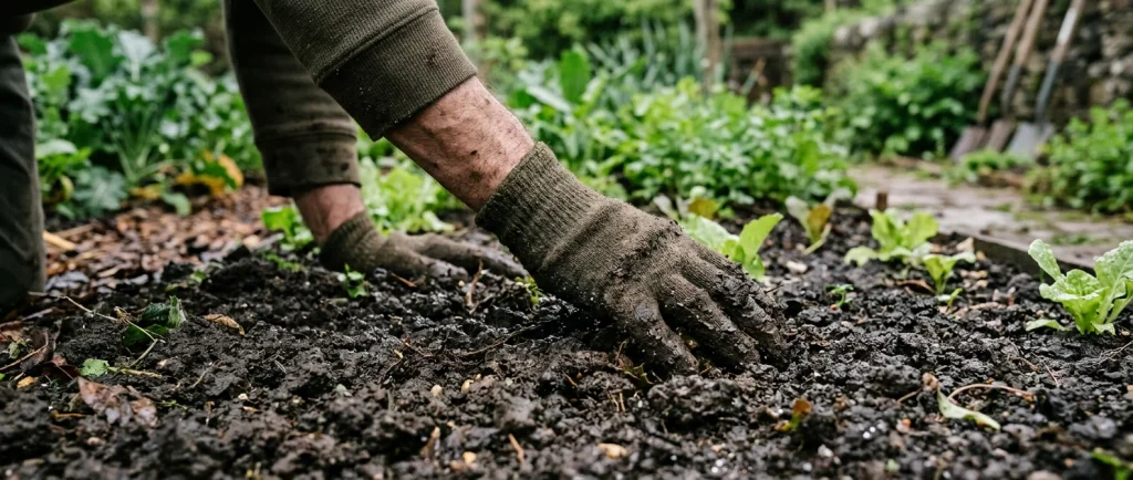 Freshly wet garden soil and fallen leaves after rainfall, illustrating the natural sources of petrichor.