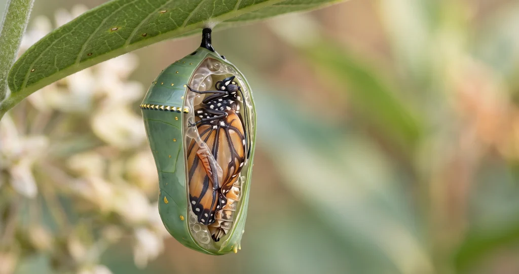 Scientific illustration showing developmental changes inside a monarch butterfly chrysalis.