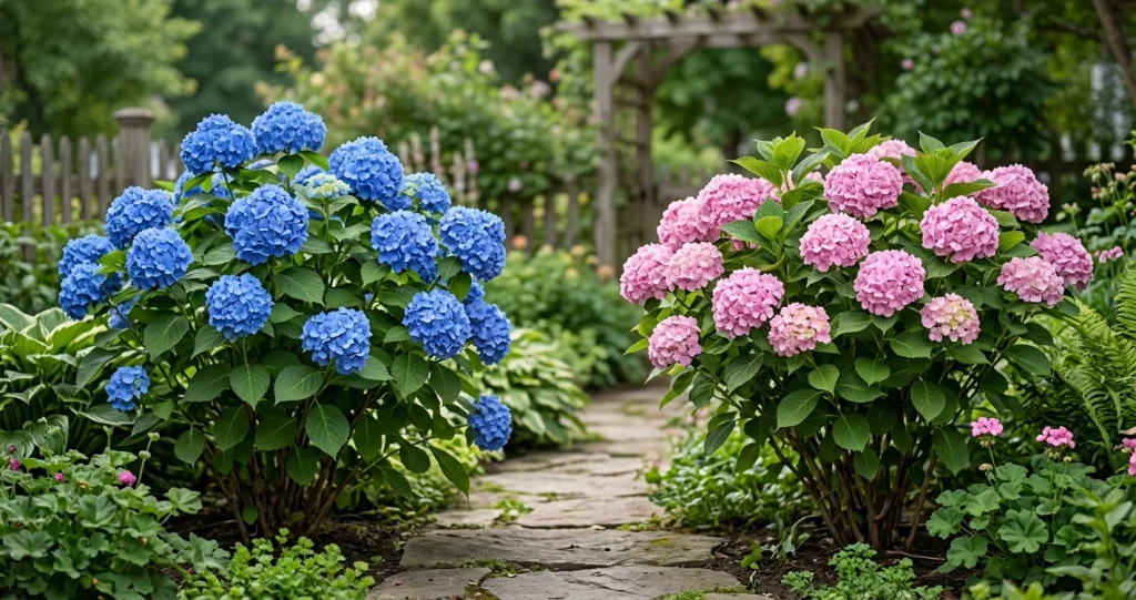 Blue and pink bigleaf hydrangeas blooming in a garden, showing how soil chemistry influences hydrangea flower colors.
