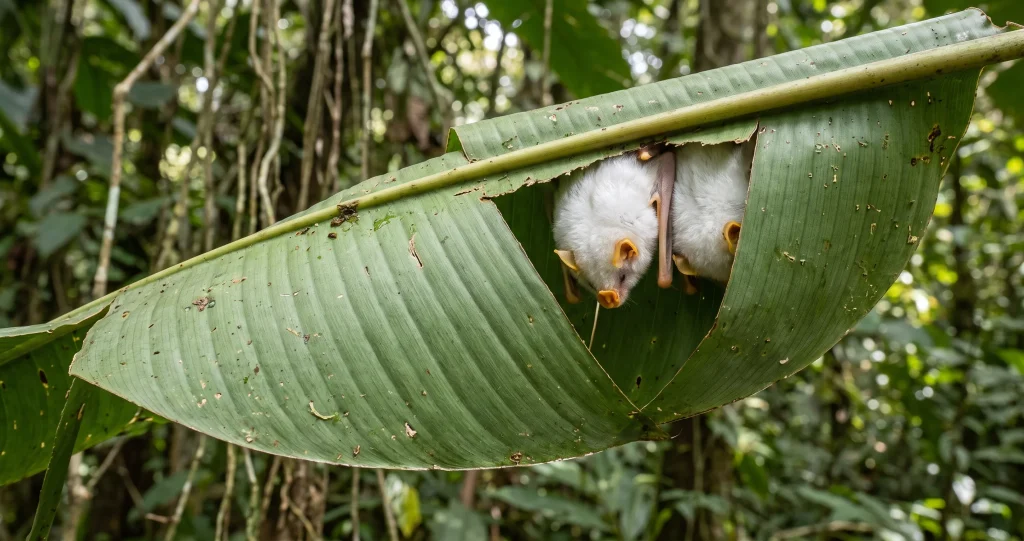 A group of Honduran white bats hanging upside down beneath a folded green Heliconia leaf in a tropical rainforest.