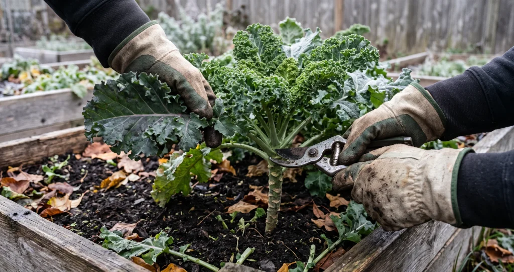 Gardener harvesting mature outer kale leaves while preserving the central growing point for continued growth.