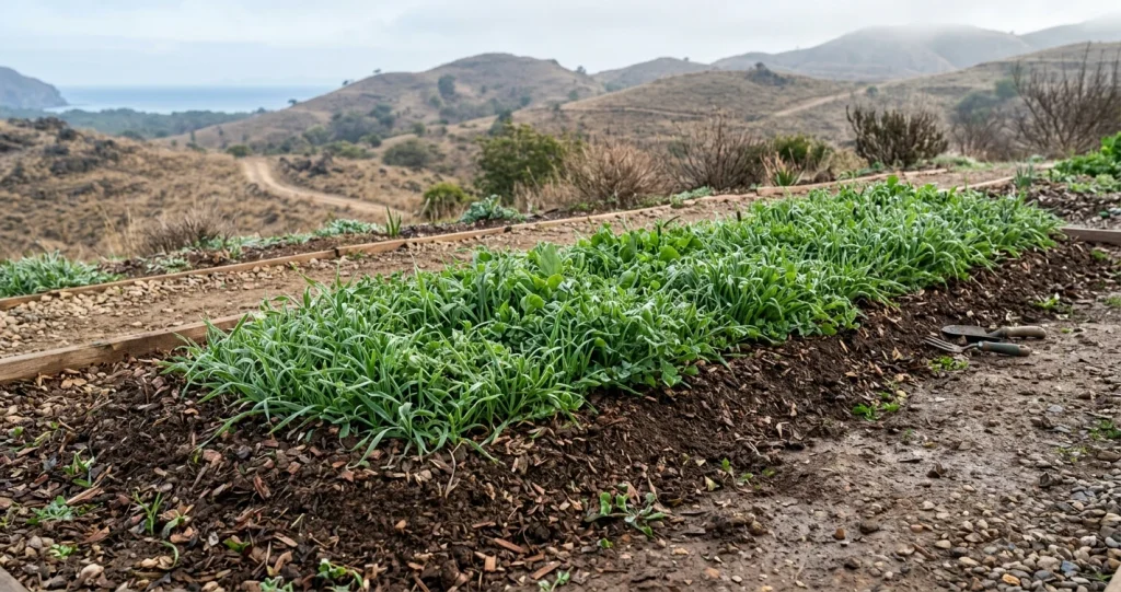 Cover crops winter soil health planting protecting an off-season vegetable garden with living rye and clover.