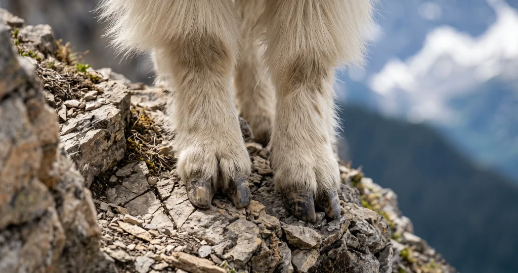 mountain goat cliff climbing on a steep rocky ledge.