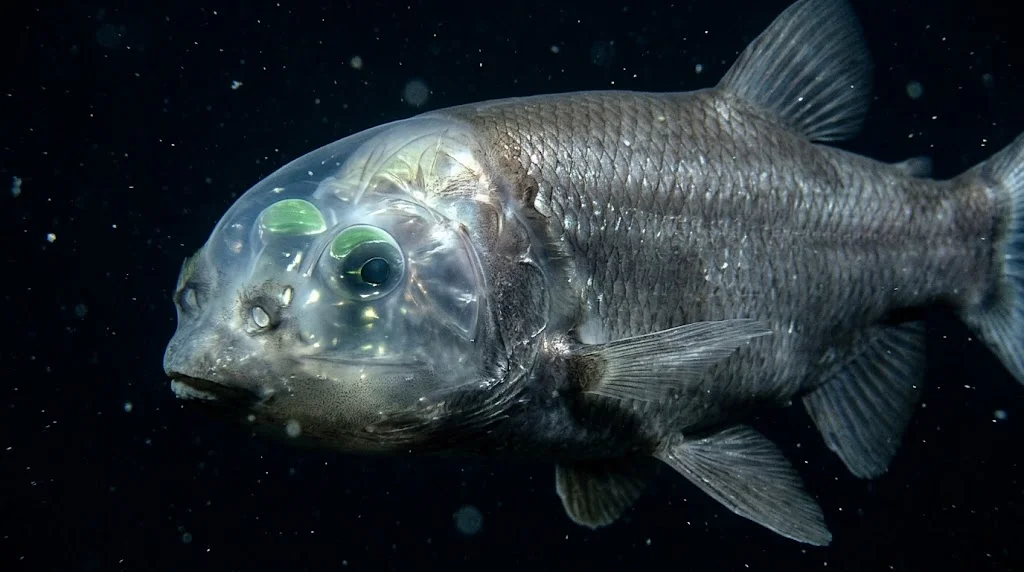 Barreleye fish transparent head showing green tubular eyes inside its clear fluid-filled shield.