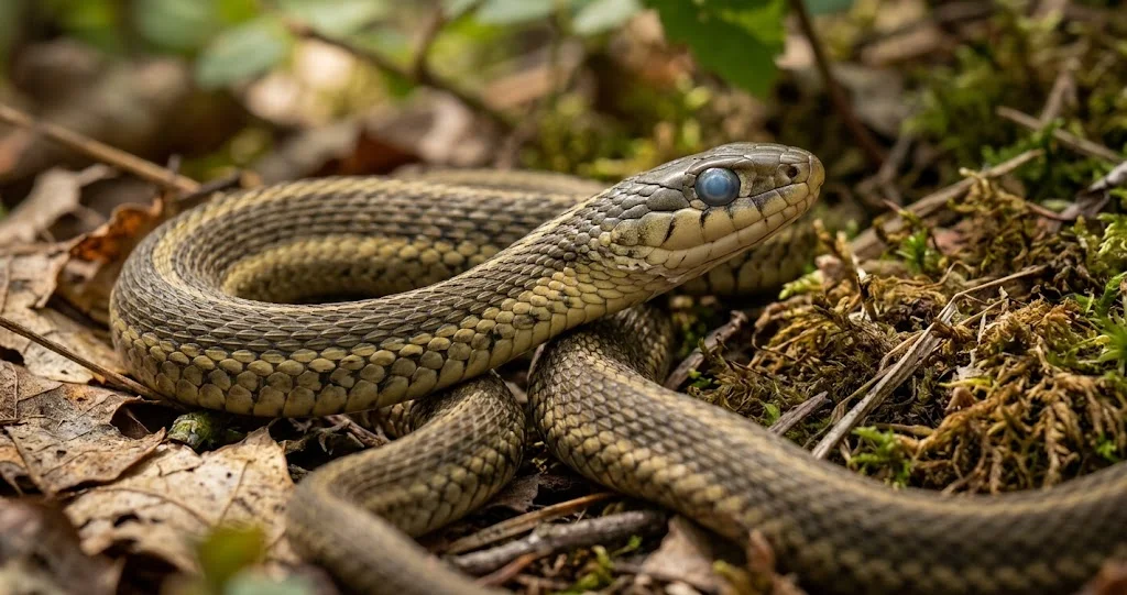 How snakes shed their skin begins with a garter snake displaying cloudy bluish eyes and dull scales before ecdysis.